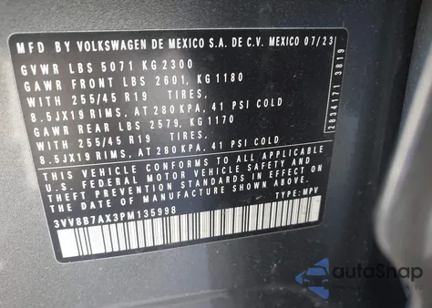 2023 Volkswagen Tiguan 2.0T Se R-Line Black z USA, uszkodzony, nr VIN 3VV8B7AX3PM135998